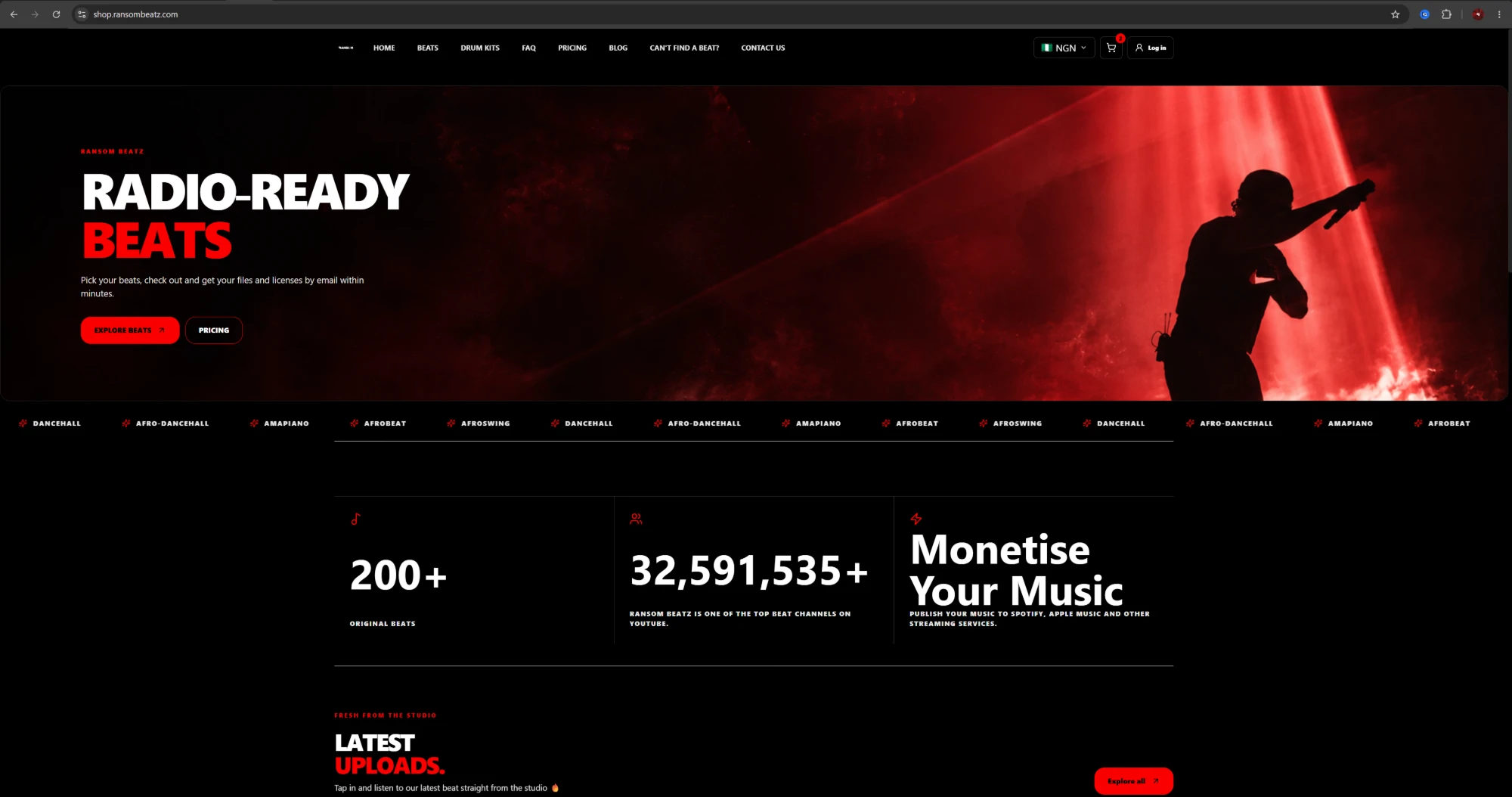Ransom Beatz homepage with a red concert hero, Radio-ready beats headline, genre strip and 200+ original beats stat